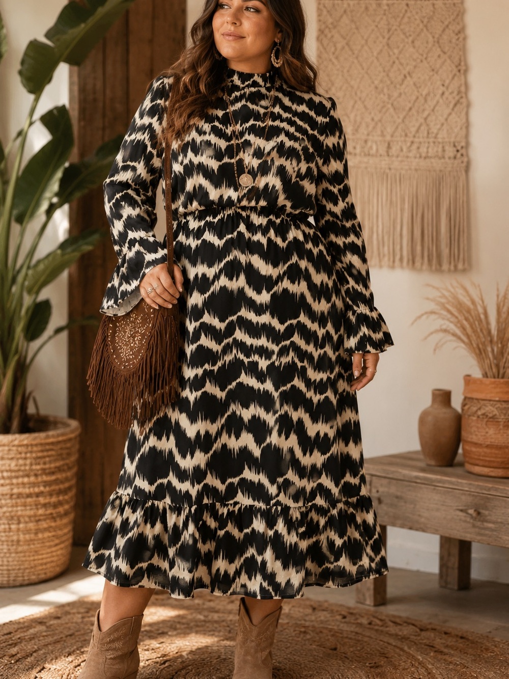 NWT Vero Moda Curve VMNatalie LS Frill Calf Dress | Size 14 | Boho Midi Dress